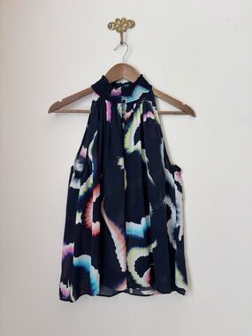 A.L.C. Minelli Midnight Watercolor Silk Halter Top Sz 2 Luxury Summer